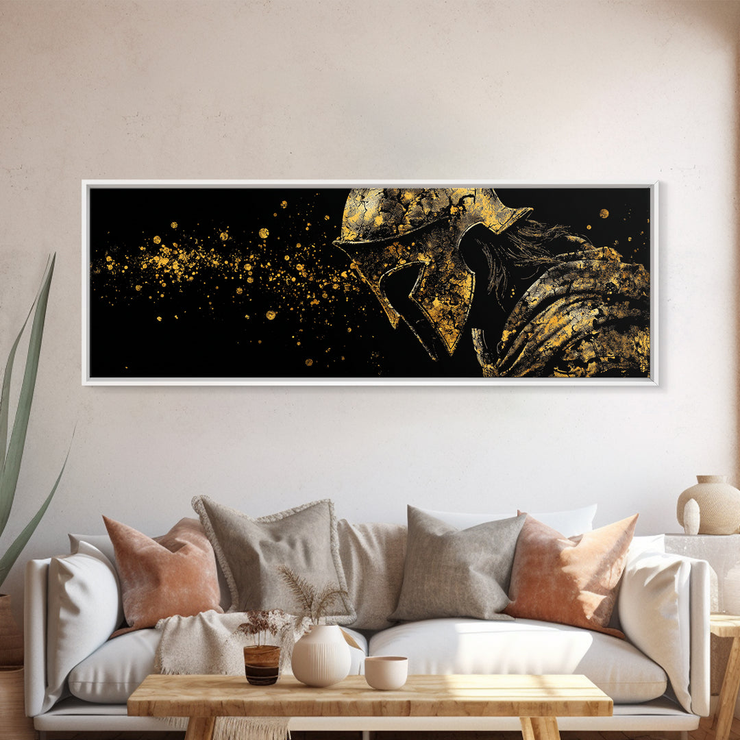 Greek Warrior Intense Gaze, Ancient Spartan Helmet Decorative Mythology Artwork, Gold Canvas Print, Real Wood Frame Wall Decor