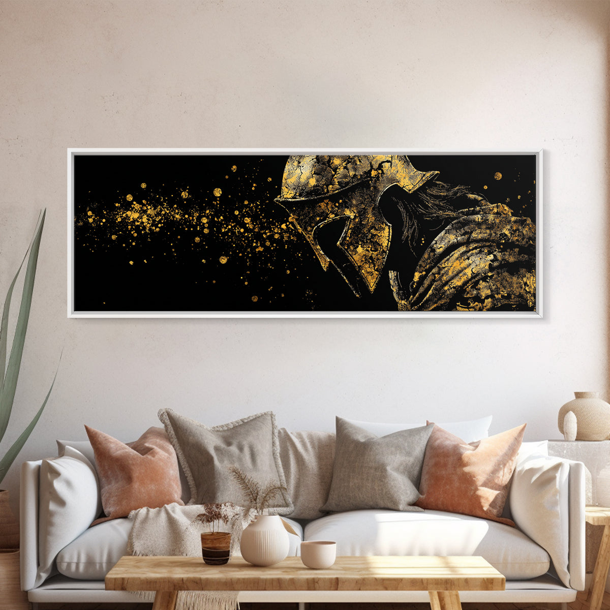 Greek Warrior Intense Gaze, Ancient Spartan Helmet Decorative Mythology Artwork, Gold Canvas Print, Real Wood Frame Wall Decor