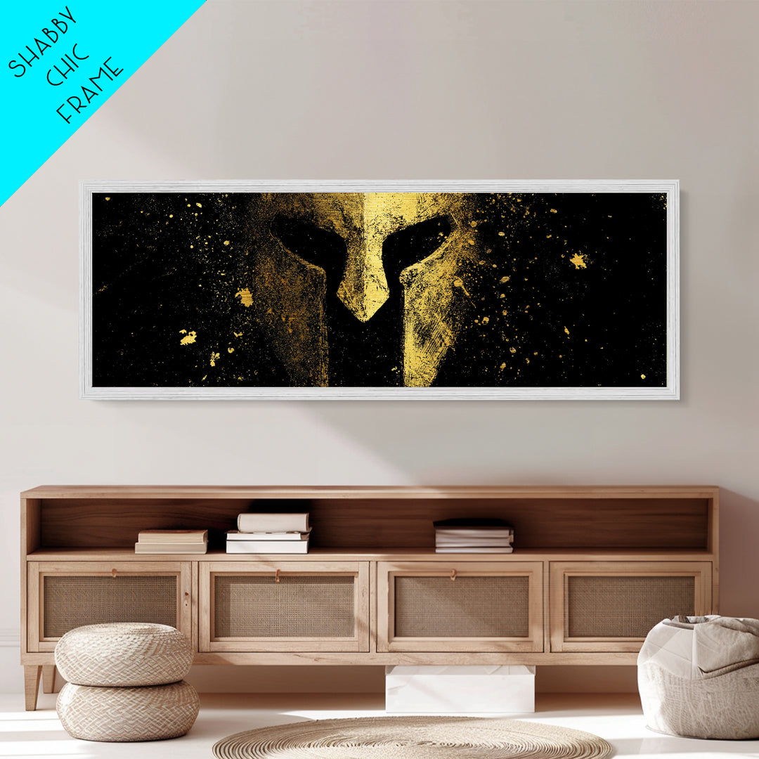 Spartan Helmet Close Detail, Ancient Greek Warrior Decorative Mythological Artwork, Metallic Gold Metal Print, Real Wood Frame Wall Art