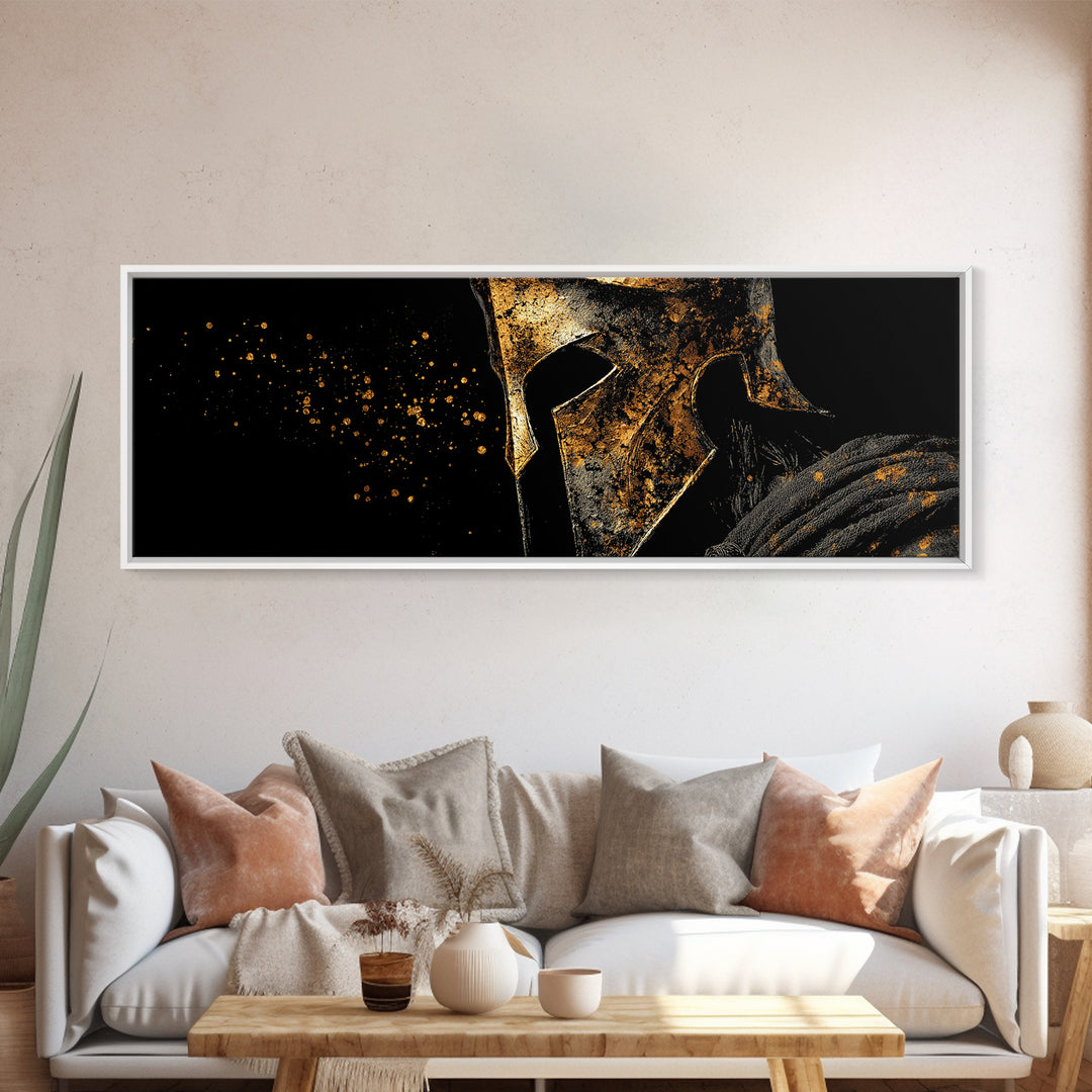 Greek Warrior Front Portrait, Ancient Spartan Helmet Heroic Symbol Decorative Artwork, Gold Canvas Print, Real Wood Frame Wall Art
