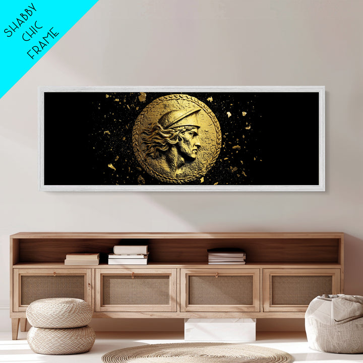 Ancient Greek Coin Relief Portrait, Historical Mythology Metallic Gold Metal Print, Classical Wall Art, Real Wood Frame