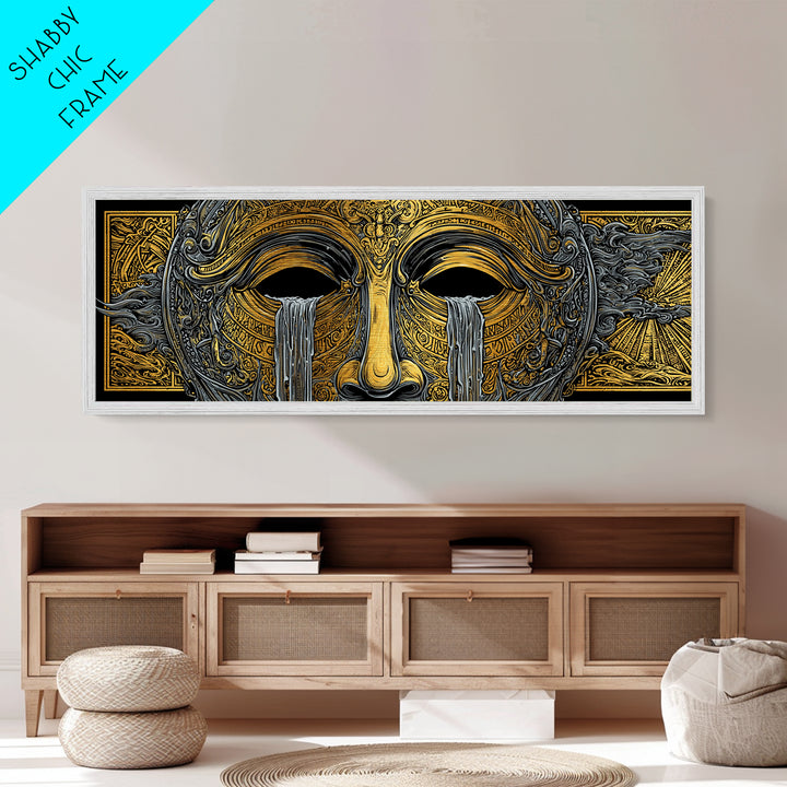 Mythical Golden Mask Illustration, Surreal Greek Inspired Metallic Gold Metal Print, Fantasy Wall Art, Real Wood Frame