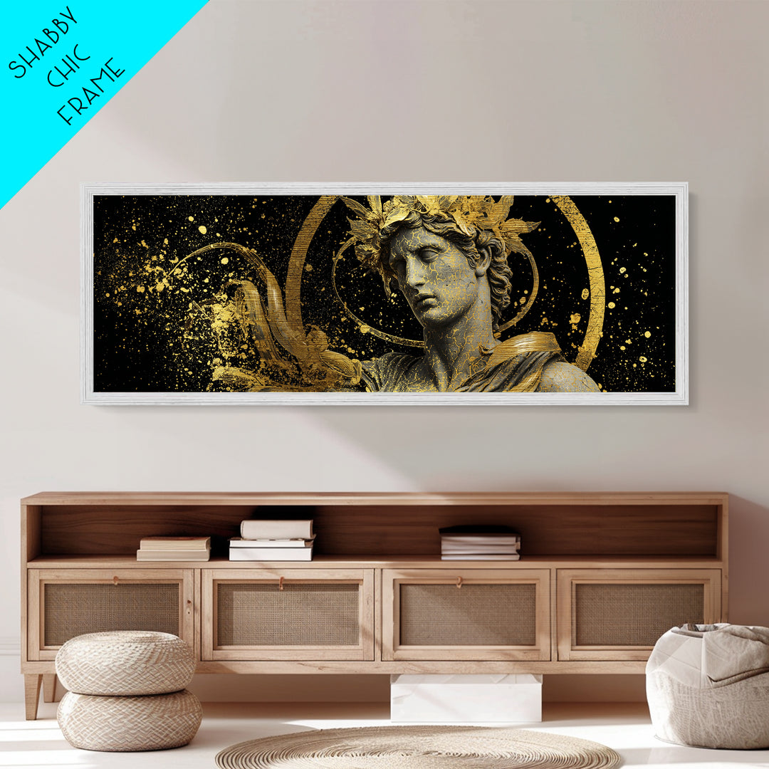 Apollo Bust With Golden Halo, Ancient Greek God Metallic Gold Metal Print, Mythology Sculpture Wall Art, Real Wood Frame