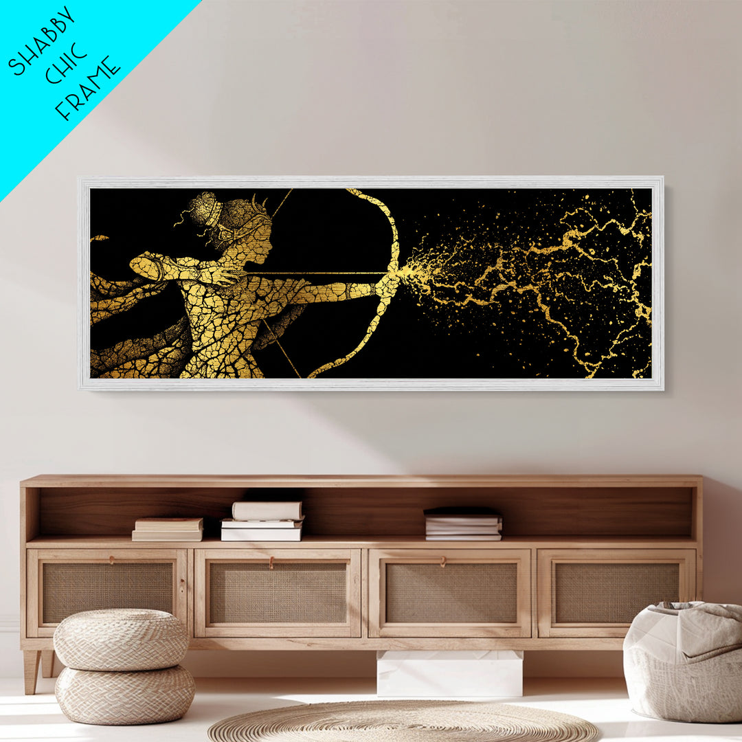 Artemis Golden Archer Illustration, Ancient Greek Goddess Metallic Gold Metal Print, Mythology Wall Art, Real Wood Frame