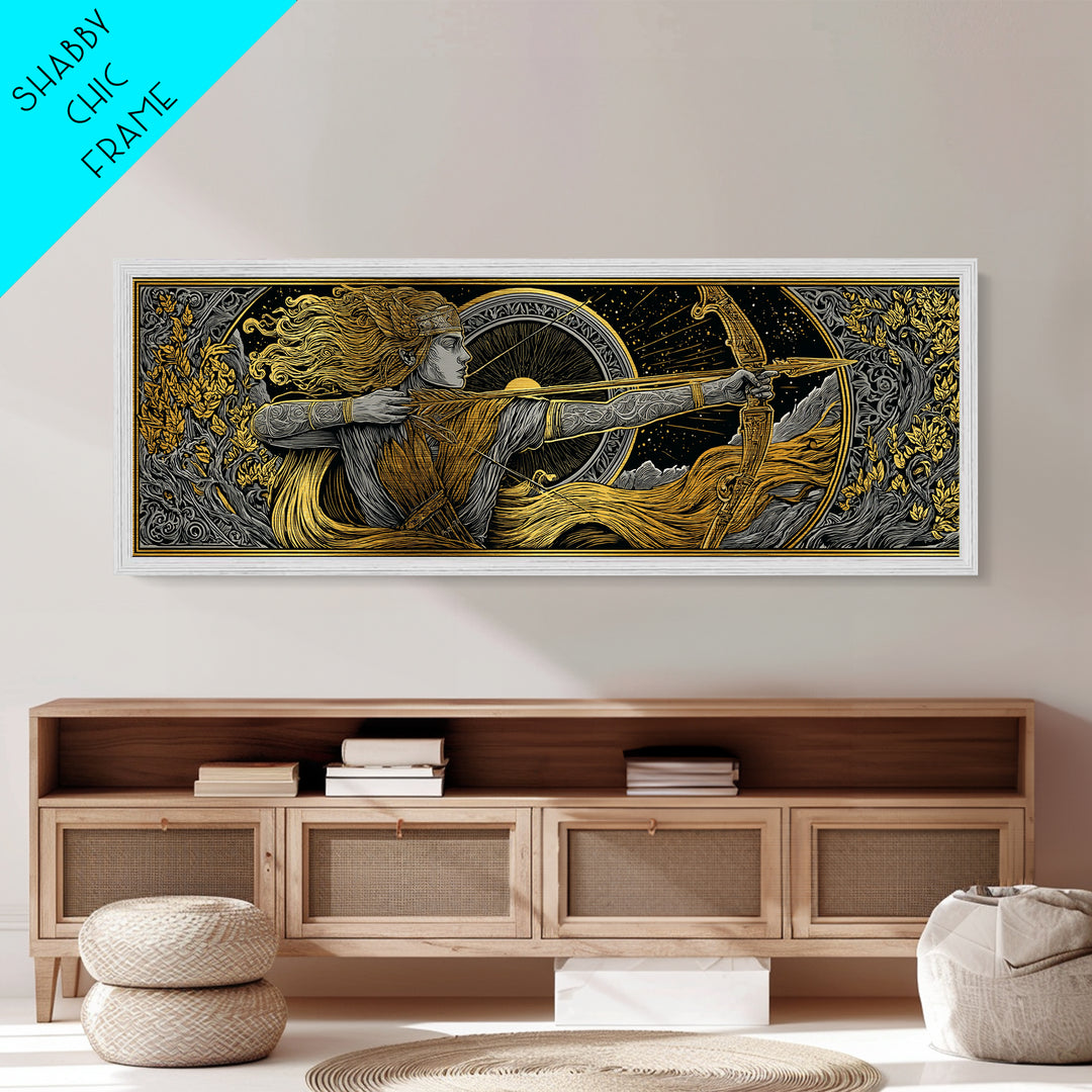 Greek Goddess Artemis With Bow, Mythological Archer Metallic Gold Metal Print, Fantasy Wall Art, Real Wood Frame