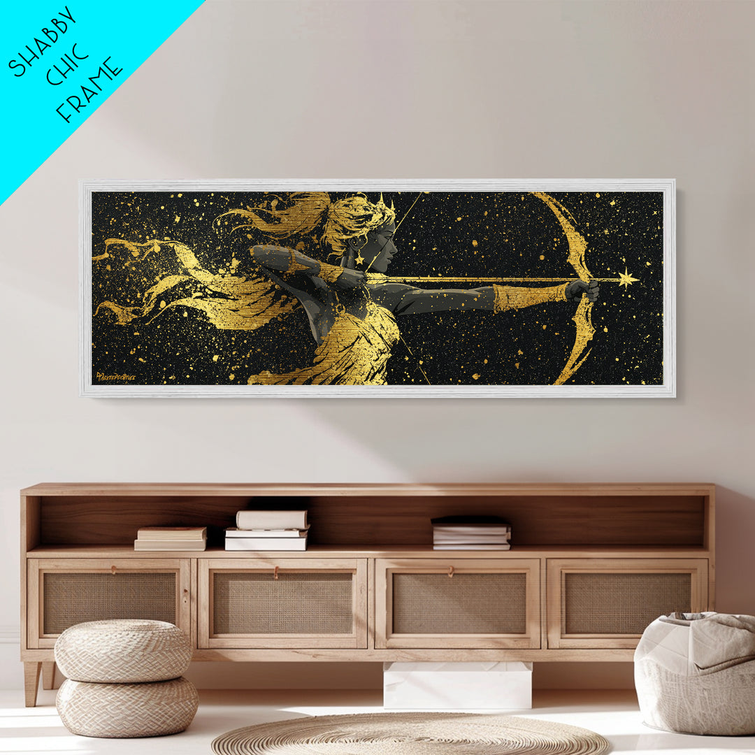 Celestial Artemis Archer Artwork, Mythology Inspired Metallic Gold Metal Print, Greek Goddess Wall Art, Real Wood Frame
