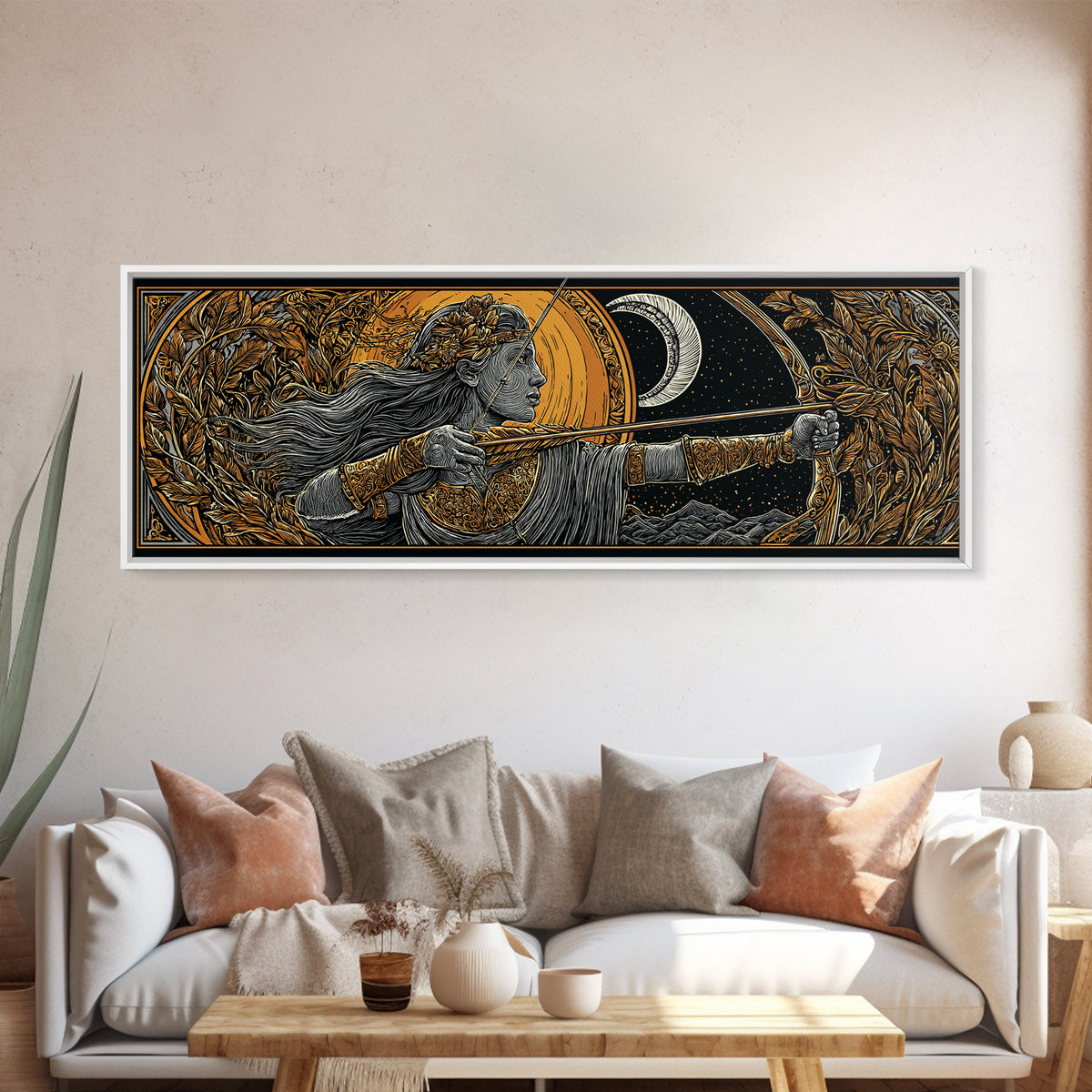 Artemis Moon Goddess Archer, Mythology Inspired Gold Canvas Print, Greek Goddess Wall Art, Real Wood Frame