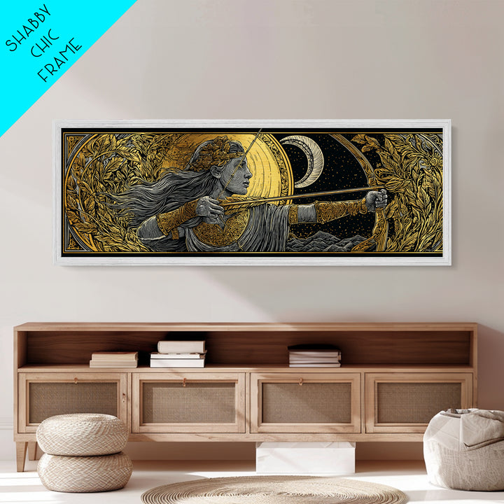 Artemis Moon Goddess Archer, Mythology Inspired Metallic Gold Metal Print, Greek Goddess Wall Art, Real Wood Frame