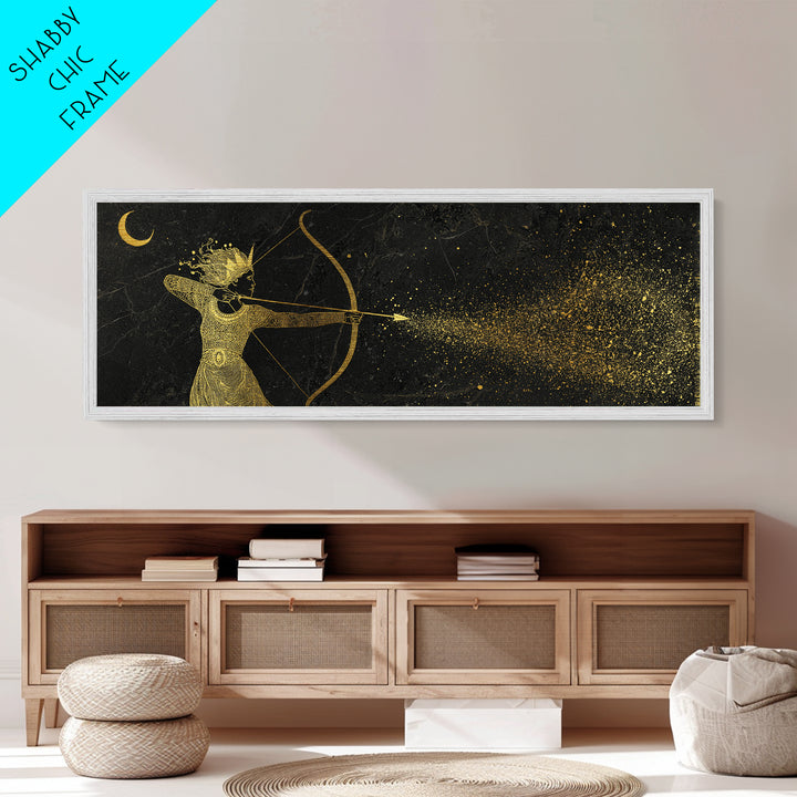 Celestial Artemis Shooting Stars, Ancient Greek Goddess Metallic Gold Metal Print, Mythology Wall Art, Real Wood Frame