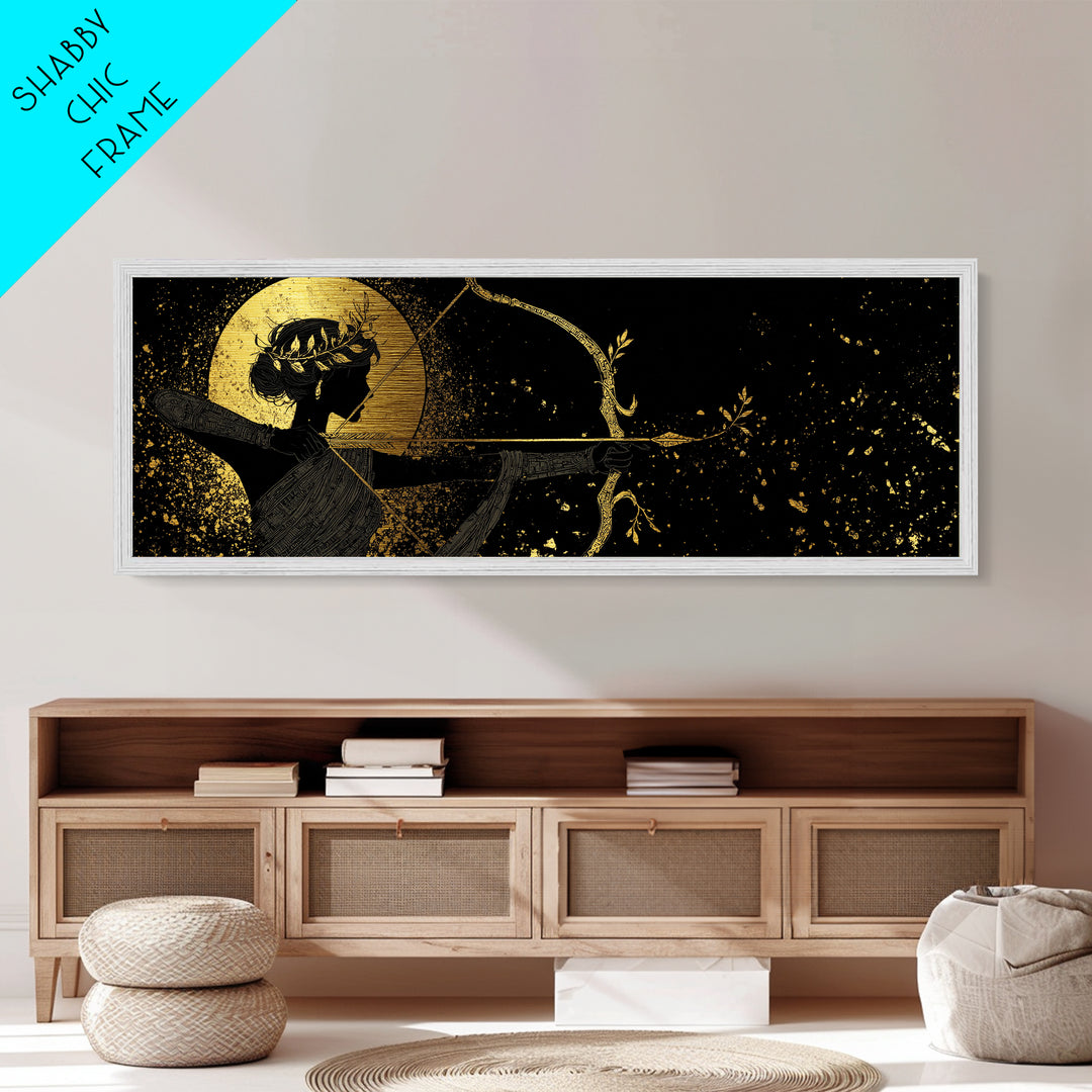 Divine Artemis With Bow And Moon, Mythology Inspired Metallic Gold Metal Print, Goddess Wall Art, Real Wood Frame