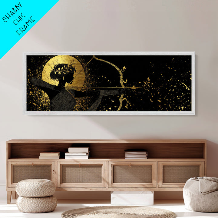Divine Artemis With Bow And Moon, Mythology Inspired Metallic Gold Metal Print, Goddess Wall Art, Real Wood Frame