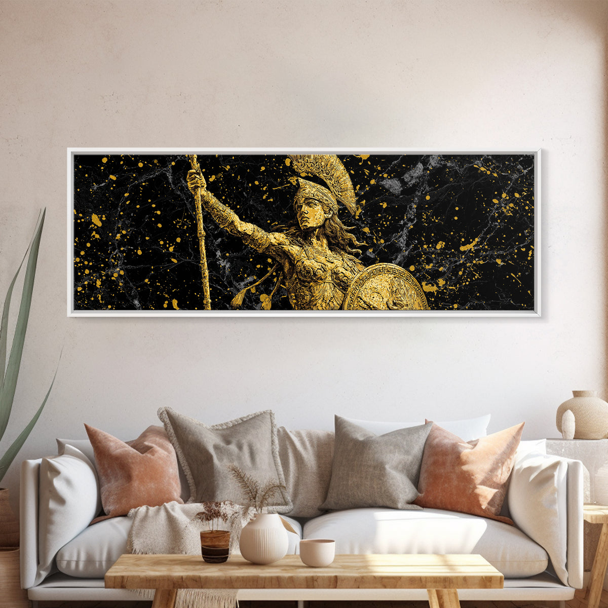 Athena Goddess Of Wisdom And War, Ancient Greek Gold Canvas Print, Mythology Warrior Wall Art, Real Wood Frame