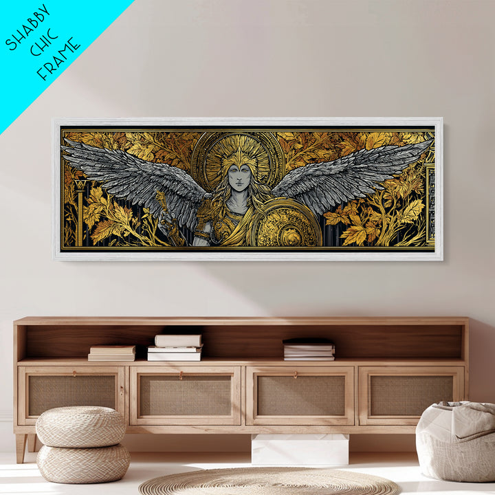 Athena With Wings And Shield, Ancient Greek Goddess Metallic Gold Metal Print, Mythology Warrior Wall Art, Real Wood Frame