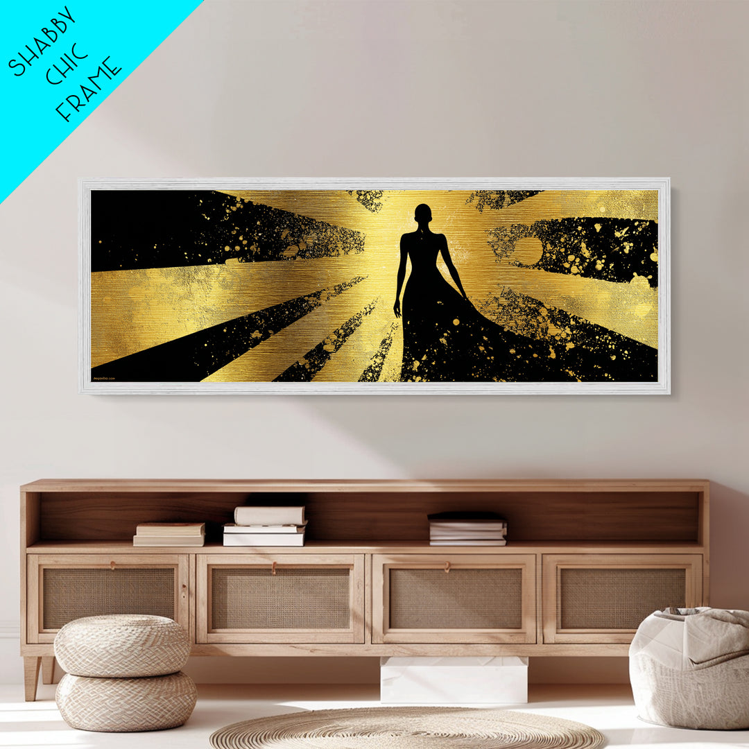 Divine Goddess Silhouette, Radiant Light Rays Wall Decor, Metallic Gold Metal Print, Luxury Mythology Art, Real Wood Frame