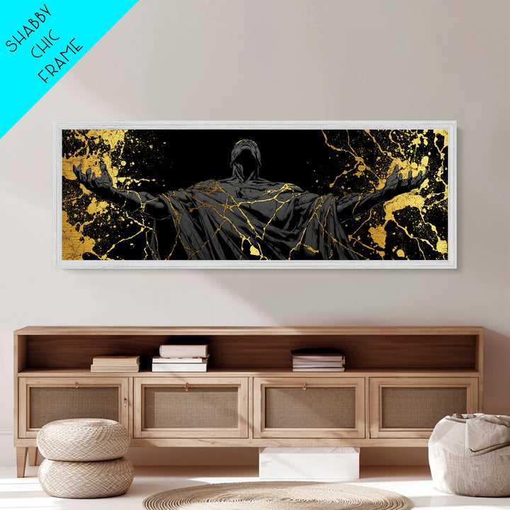Broken God Kintsugi Style, Abstract Mythology Figure, Metallic Gold Metal Print, Elegant Modern Wall Art, Real Wood Frame