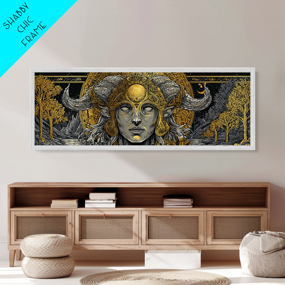 Horned Goddess Portrait, Celtic Mythology Wall Decor, Metallic Gold Metal Print, Fantasy Pagan Inspired Art, Real Wood Frame