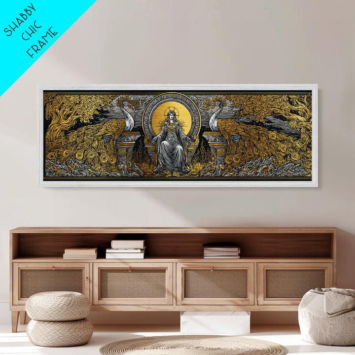 Queen Goddess With Peacocks, Mythology Regal Wall Art, Metallic Gold Metal Print, Luxurious Divine Decor, Real Wood Frame