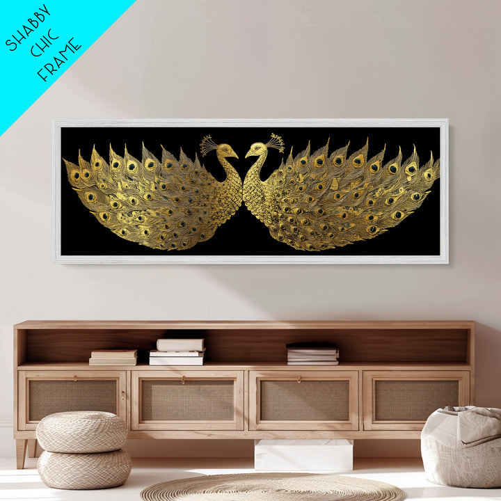Twin Peacock Feathers, Elegant Bird Wall Decor, Metallic Gold Metal Print, Symbolic Decorative Art, Real Wood Frame