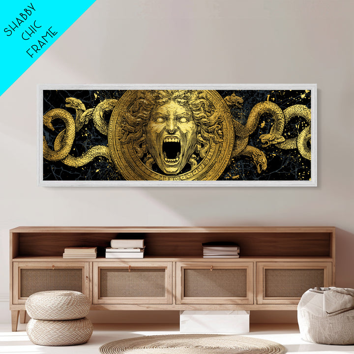 Medusa Metallic Gold Metal Print, Mythology Wall Art, Serpent Hair Gorgon Illustration, Greek Goddess Decor, Real Wood Frame, Luxury