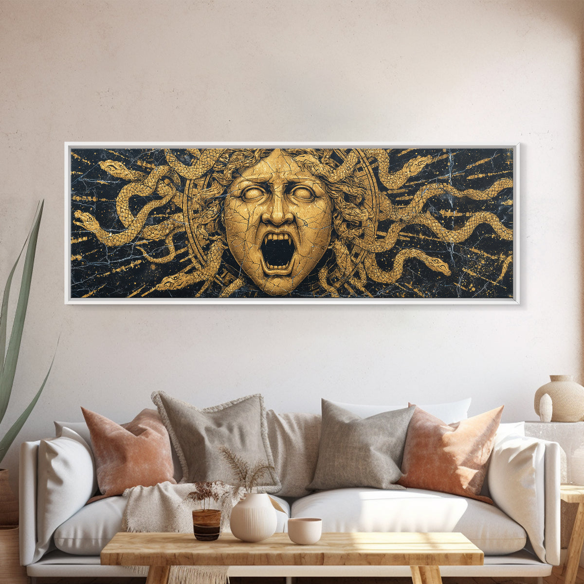 Medusa Serpent Gold Canvas Print, Greek Mythology Wall Art, Gorgon Face Illustration, Real Wood Frame, Unique Statement Decor