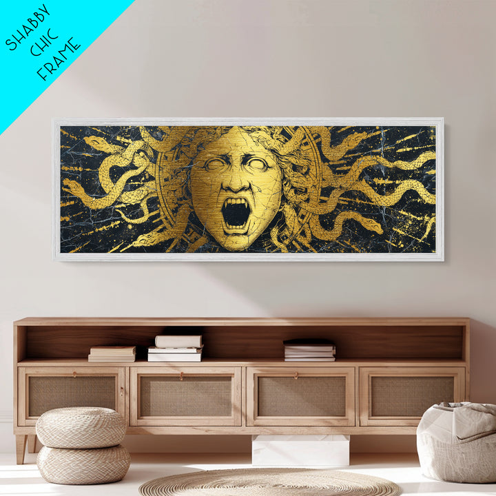 Medusa Serpent Metallic Gold Metal Print, Greek Mythology Wall Art, Gorgon Face Illustration, Real Wood Frame, Unique Statement Decor