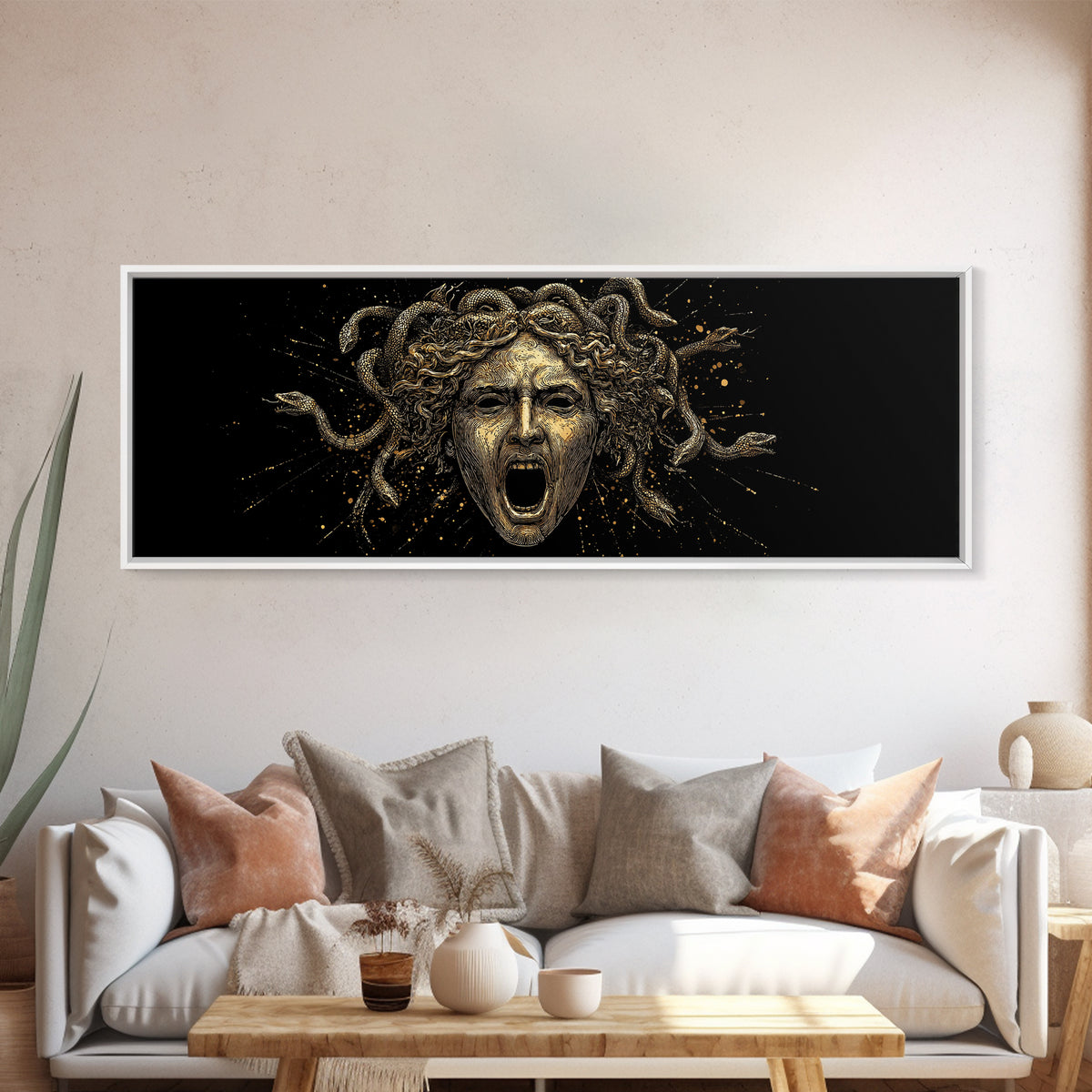 Medusa Head Gold Canvas Art, Greek Mythological Gorgon Wall Print, Snake Hair Woman Illustration, Real Wood Frame, Bold Luxury Decor