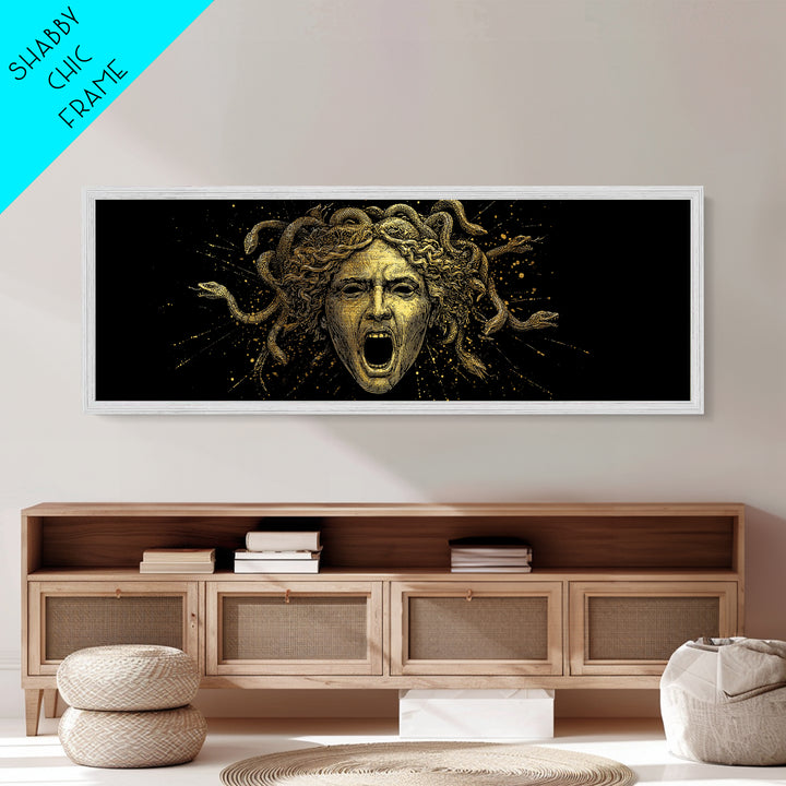 Medusa Head Metallic Gold Art, Greek Mythological Gorgon Wall Print, Snake Hair Woman Illustration, Real Wood Frame, Bold Luxury Decor