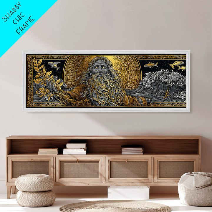 Oceanus Metallic Gold Metal Print, Greek Titan Of The Sea, Mythology Wall Art, Flowing Waves Illustration, Real Wood Frame, Ocean Decor