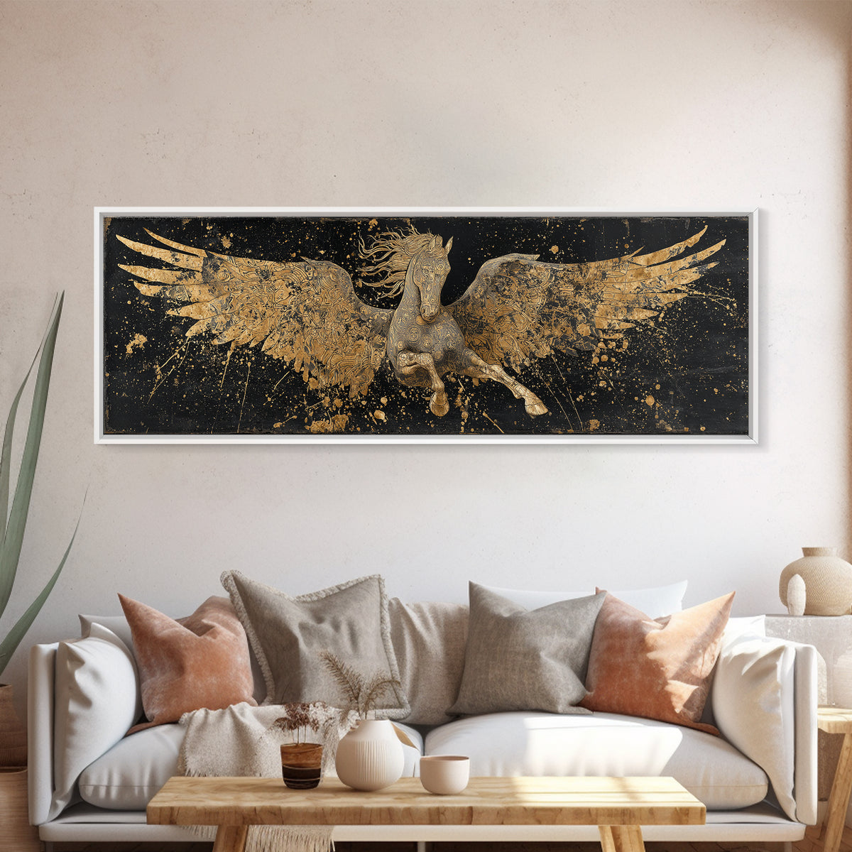 Pegasus Flying Gold Canvas Print, Greek Mythology Horse Wall Art, Real Wood Frame, Luxury Decorative Artwork