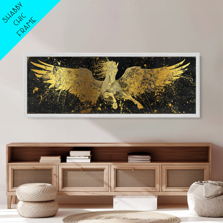 Pegasus Flying Metallic Gold Metal Print, Greek Mythology Horse Wall Art, Real Wood Frame, Luxury Decorative Artwork