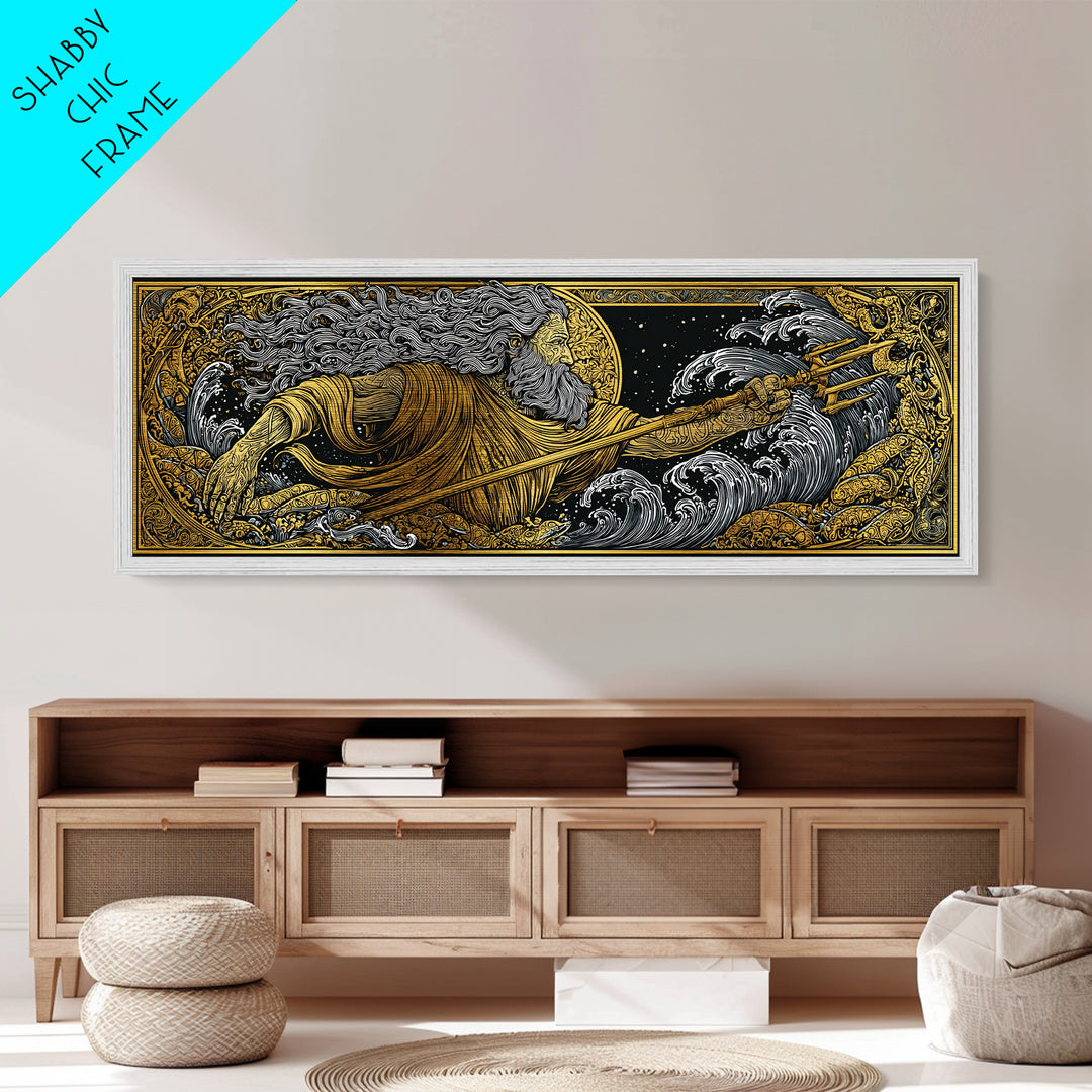 Poseidon Wields Metallic Gold Metal Print, Sea God Wall Art, Real Wood Frame, Mythological Ocean Artwork For Home Decor