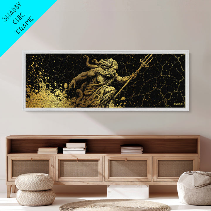 Poseidon Ocean Metallic Gold Metal Print, Greek Mythology Wall Art, Real Wood Frame, Decorative God Of The Sea Artwork