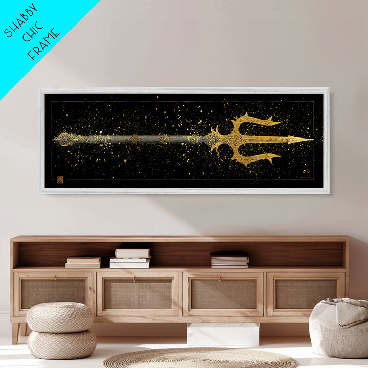 Poseidon Trident Metallic Gold Metal Print, Mythology Wall Art, Real Wood Frame, Sea God Artwork For Home Or Office Decor