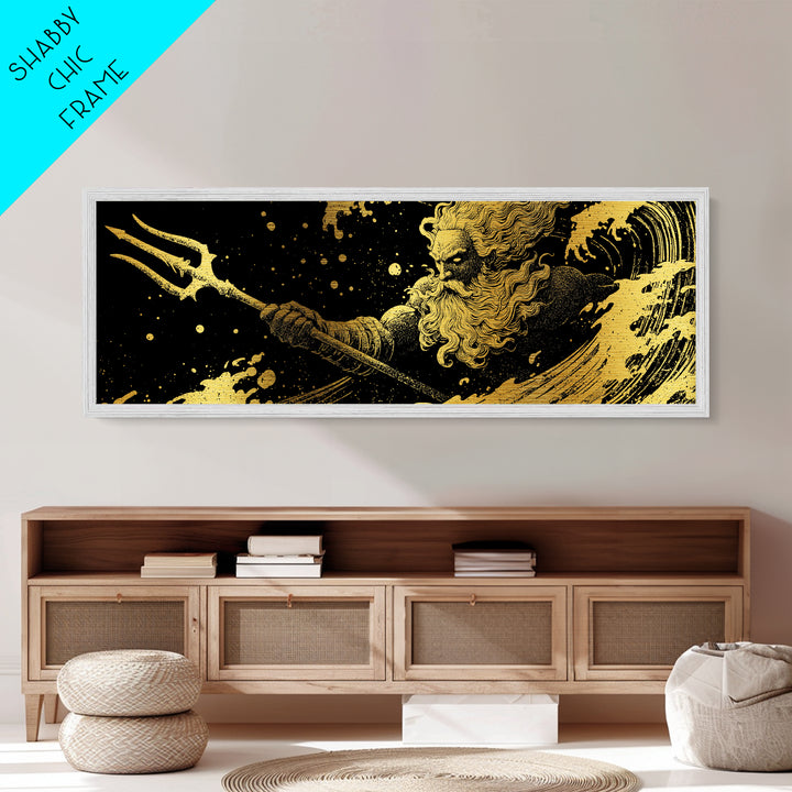 Poseidon Waves Metallic Gold Metal Print, Mythological Sea God Wall Art, Real Wood Frame, Luxury Decorative Greek Artwork