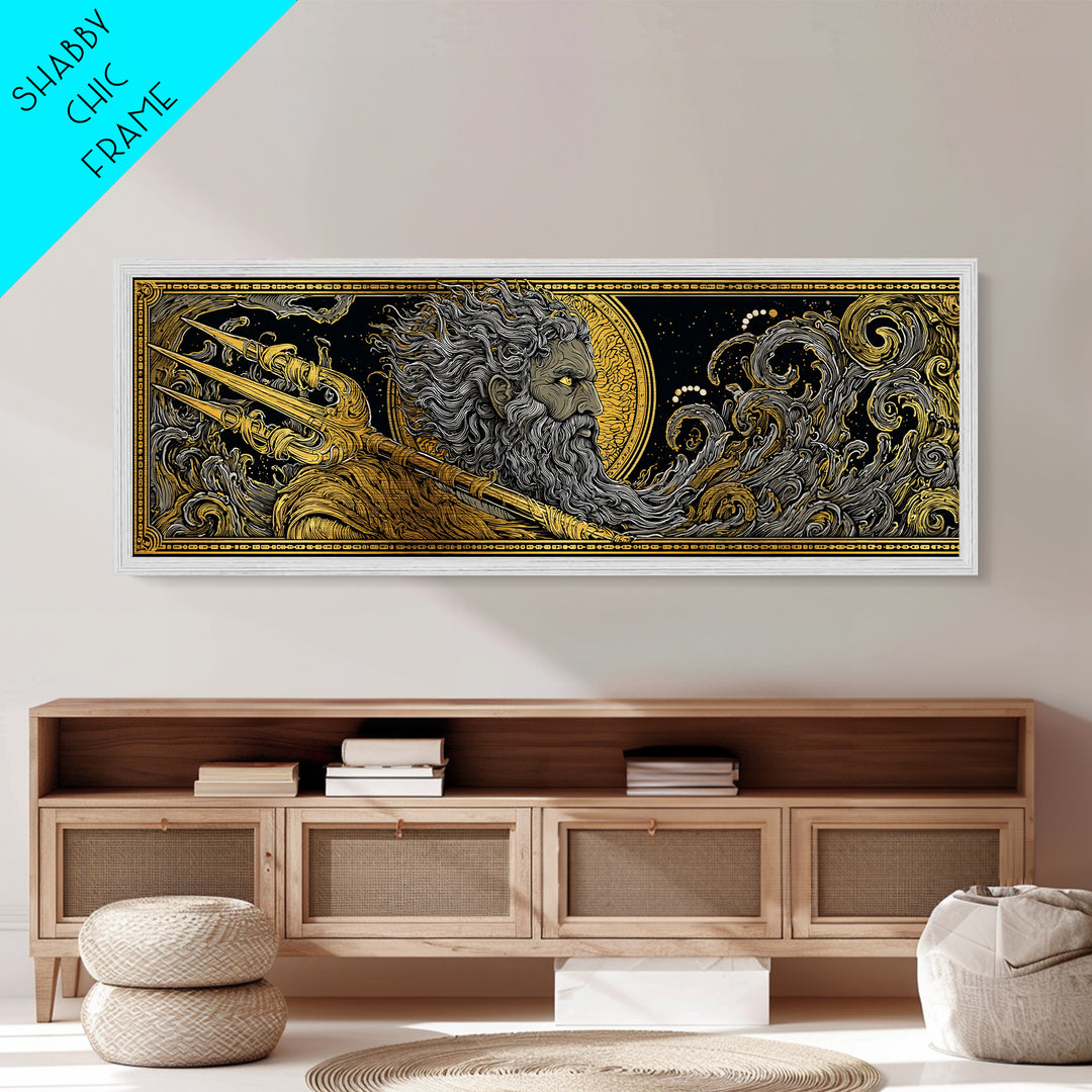 Poseidon With Trident Metallic Gold Metal Print, Greek Mythology Wall Art, Real Wood Framed Metal Artwork, Luxury Home Decor