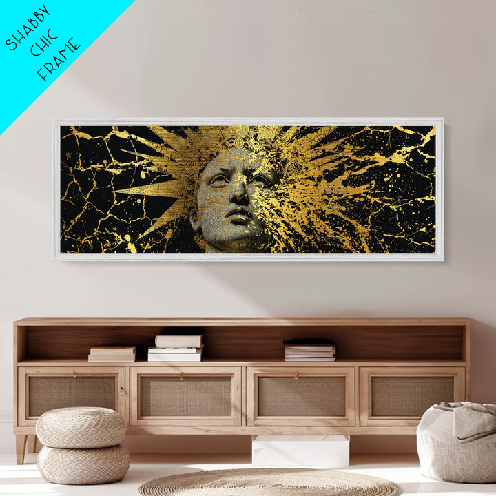 Prometheus Sunburst Bust Metallic Gold Metal Print, Greek Statue Inspired Wall Art, Real Wood Frame, Elegant Mythology Artwork