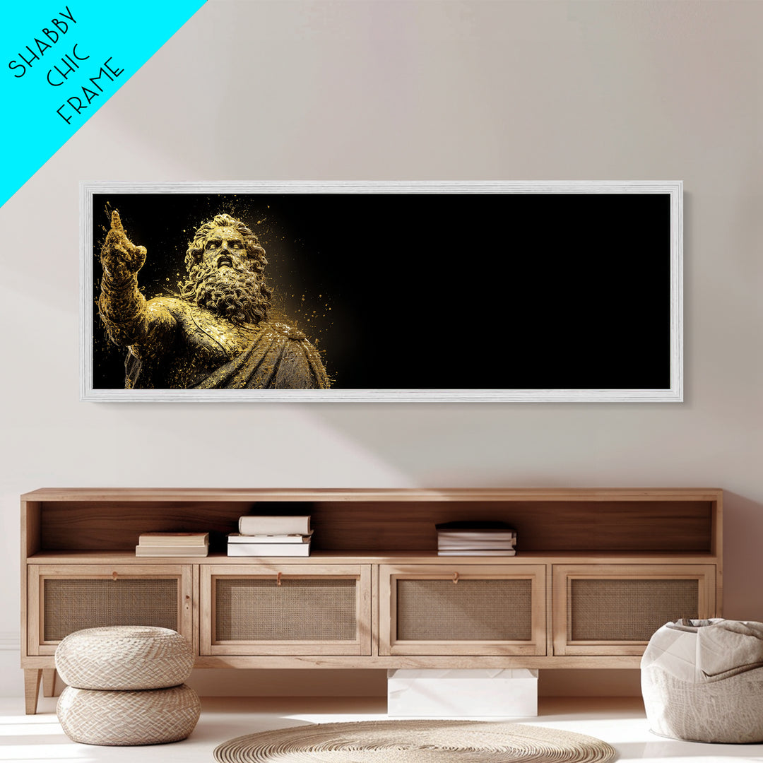 Zeus Statue Metallic Gold Metal Print, Greek God Wall Art, Lightning King Decor, Real Wood Frame Mythology Inspired Artwork