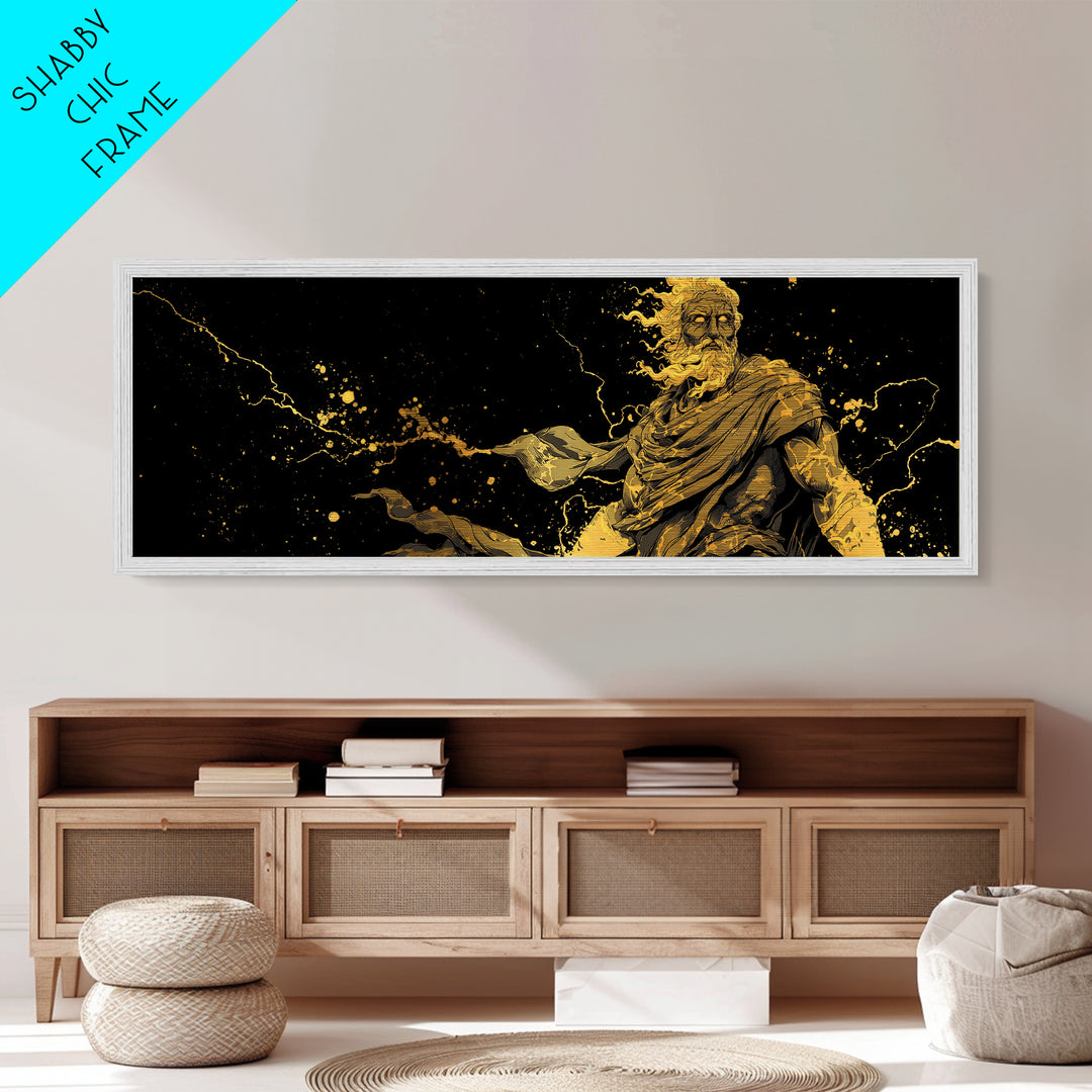 Zeus With Lightning Metallic Gold Art, Greek Mythology Metal Print, Real Wood Frame Decor, Dramatic Wall Artwork For Home
