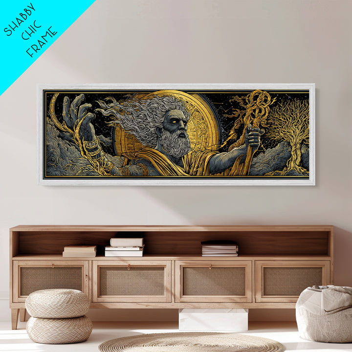 Zeus With Staff Metallic Gold Metal Print, Greek God Wall Art, Regal Mythology Decor, Real Wood Frame Luxury Artwork