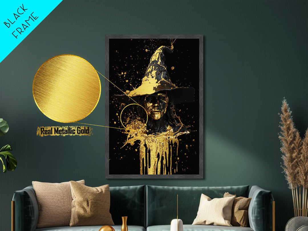 Witch Bust with Dripping Hat in Metallic Gold Art, Spooky Halloween Metal Art with Real Wood Frame, Gothic Witch Wall Decor