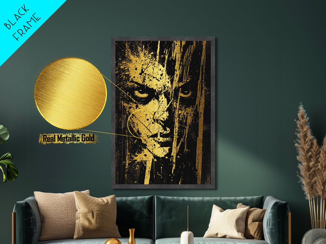 Intense Spooky Face in Splatter Style – Metallic Gold Art, Halloween Metal Art with Real Wood Frame, Gothic Horror Wall Print