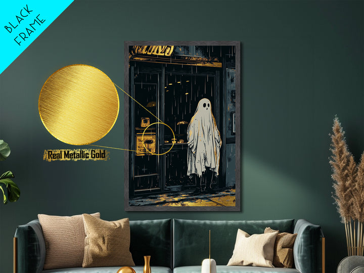 Haunted Ghost in the Rain Metallic Gold Art Metal Art Spooky Season Wall Decor Framed in Natural Wood Gothic Halloween Print