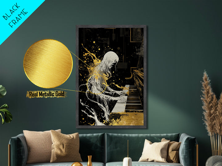 Gothic Spirit Playing Piano Metallic Gold Art Metal Art Horror Inspired Halloween Wall Decor with Real Wood Frame Creepy Gift