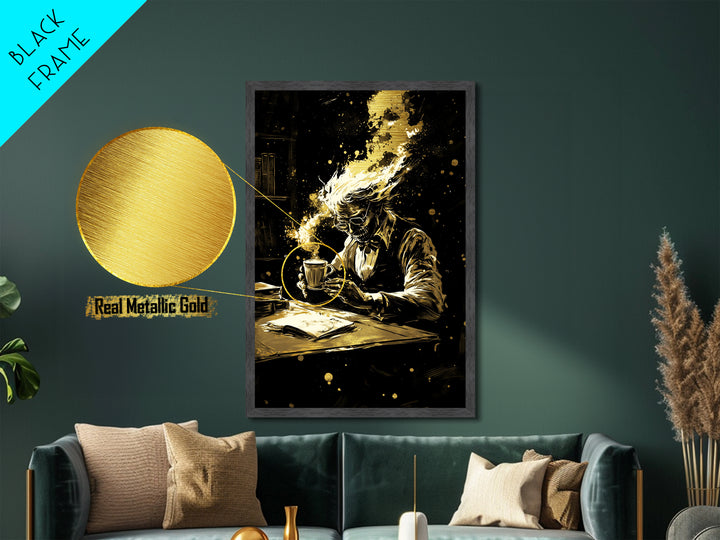 Dark Academia Coffee Skeleton Metallic Gold Art Metal Art Haunted Gothic Wall Decor Framed in Solid Wood Spooky Season Artwork