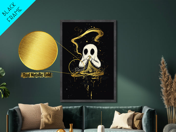 Ghost Eating Pasta Metallic Gold Art Metal Art Spooky Cute Halloween Wall Decor Framed in Real Wood Haunted Kitchen Wall Print