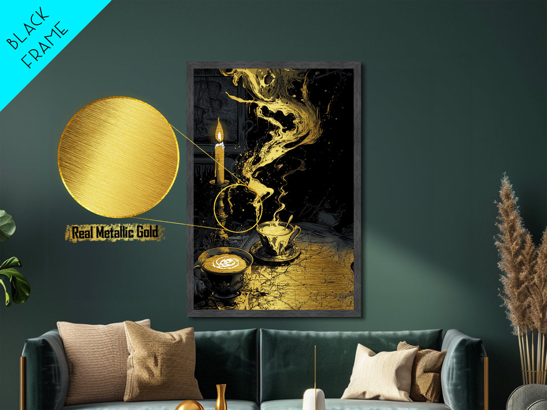 Witchy Candle and Coffee Metallic Gold Art Metal Art Haunted Gothic Wall Art in Real Wood Frame Spooky Season Halloween Decor