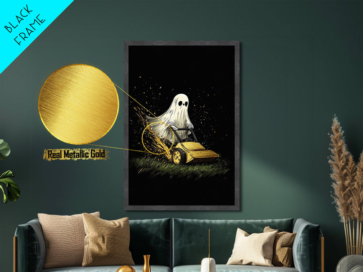 Ghost Mowing the Lawn Metallic Gold Art Metal Art Creepy Cute Halloween Wall Hanging Framed with Natural Wood Spooky Home Print