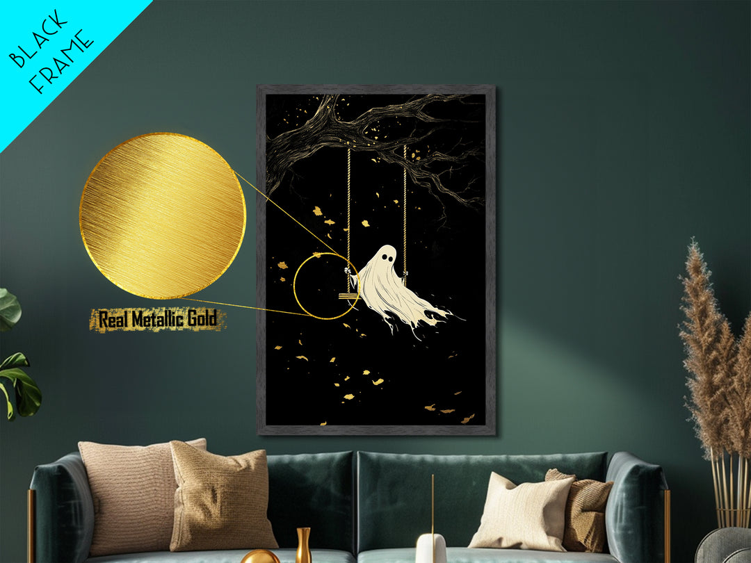 Lonely Ghost on Swing Metallic Gold Art Metal Art Spooky Haunted Wall Decor in Natural Wood Frame Gothic Halloween Season Print