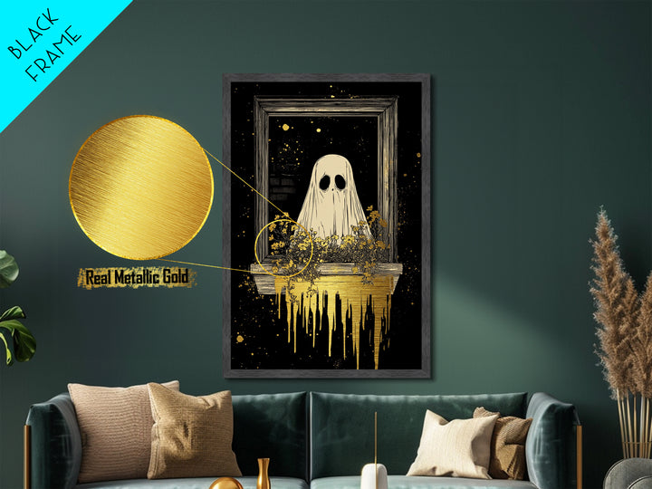 Ghost In Window With Flowers, Metallic Gold Art, Spooky Season Metal Art, Creepy Haunted Wall Print Framed in Natural Wood