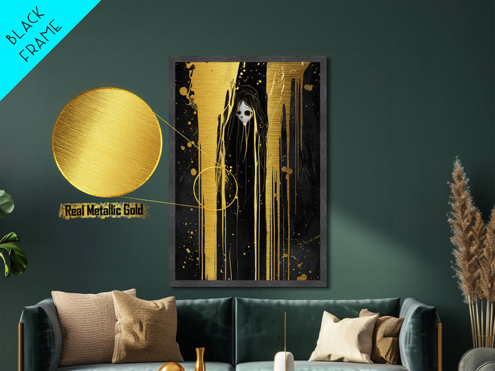 Horror Spirit Dripping Shadows Metallic Gold Art, Gothic Creepy Metal Art, Haunted Season Wall Décor with Real Wood Framing